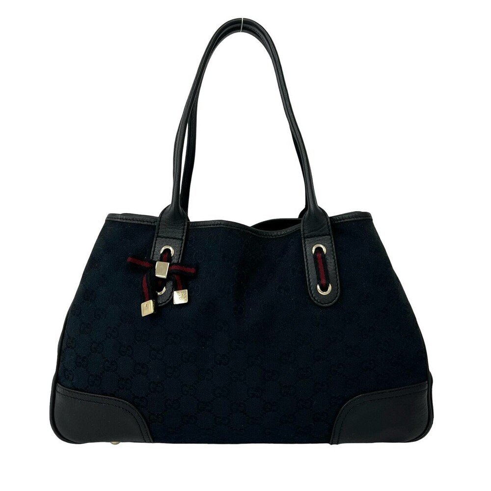 GUCCI Sherry Line GG Canvas Pattern Leather Tote Bag Handbag Black 26392